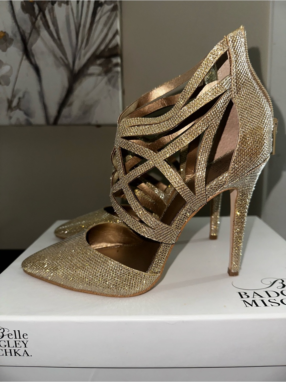 Badgley Mischka Gold Glitter Cutout Pointed-Toe Stilettos